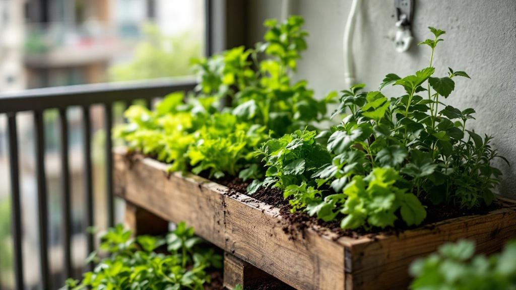 Huerto vertical casero con lechugas y hierbas colgando en pared de balcón